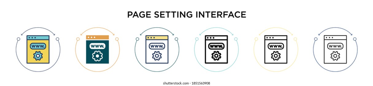 Icono de símbolo de interfaz de configuración de página en estilo relleno, delgado, contorno y trazo. Ilustración vectorial de dos símbolos de interfaz de configuración de página en color y negro para los que se pueden utilizar iconos vectoriales 