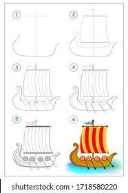 Page shows how to draw step by step toy Viking ancient sailboat. Developing children skills for drawing and coloring. Printable worksheet for kids school exercise book. Flat vector illustration.