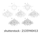 Page shows how to learn to draw sketch of Celtic knot sign. Creation step by step pencil drawing. Educational page for artists. Textbook for developing artistic skills. Online education. Vector image