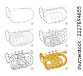 Page shows how to learn to draw step by step metal wind musical instrument pocket trumpet. Developing children skills for drawing and coloring. Printable worksheet for kids school exercise book.