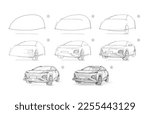 Page shows how to learn to draw sketch of cute car. Pencil drawing lessons. Educational page for artists. Textbook for developing artistic skills. Online education. Vector illustration.