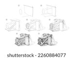 Page shows how to learn to draw sketch of old camera. Pencil drawing lessons. Educational page for artists. Textbook for developing artistic skills. Online education. Vector illustration.