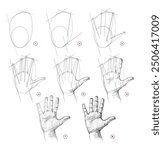 Page shows how to learn to draw sketch of a human hand from life. Pencil drawing lessons. Educational tutorial for artists. Development of artistic skills. Hand drawn vector.