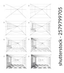 Page shows how to learn to draw from life a sketch of a room interior in perspective. Pencil drawing lessons. Educational tutorial for artists. Development of artistic skills. Hand drawn vector.