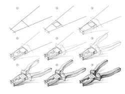 Page shows how to learn to draw from life sketch a pliers. Pencil drawing lessons. Educational page for artists. Developing artistic skills. Online education. Vector illustration.