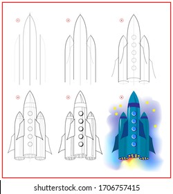 Page shows how to learn to draw step by step toy spaceship. Developing children skills for drawing and coloring. Printable worksheet for kids school exercise book. Flat vector cartoon image.
