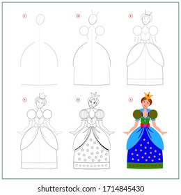 La página muestra cómo aprender a dibujar paso a paso hermosa princesa de juguete. Desarrollo de las aptitudes de los niños para el dibujo y la coloración. Hoja de cálculo impresa para el libro de ejercicios escolares para niños. Imagen plana vectorial.