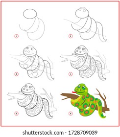 Page shows how to learn to draw step by step cute little toy snake. Developing children skills for drawing and coloring. Printable worksheet for kids school exercise book. Flat vector illustration.