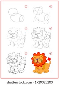 La página muestra cómo aprender a dibujar paso a paso un pequeño y lindo león de juguete. Desarrollar las habilidades de los niños para dibujar y colorear. Hoja de cálculo imprimible para el libro de ejercicios escolares para niños. Ilustración vectorial plana.