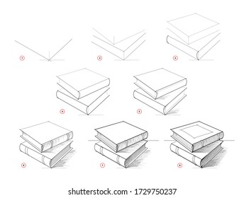 Page shows how to learn to draw sketch of books. Creation step by step pencil drawing. Educational page for artists. Textbook for developing artistic skills. Hand-drawn vector. Online education.