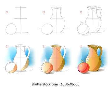 Page shows how to learn to draw sketch of still life. Creation step by step watercolor painting. Educational page for artists. Textbook for developing artistic skills. Online education.