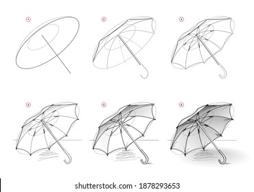 Page shows how to learn to draw sketch of open umbrella. Creation step by step pencil drawing. Educational page for artists. Textbook for developing artistic skills. Online education.