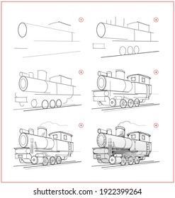 Page shows how to learn to draw sketch of locomotive. Creation step by step pencil drawing. Educational page for artists. Textbook for developing artistic skills. Online education.