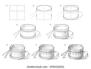 Page shows how to learn to draw sketch of drum. Creation step by step pencil drawing. Educational page for artists. Textbook for developing artistic skills. Online education.
