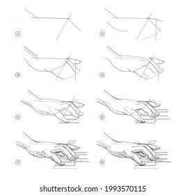 Page shows how to learn to draw sketch of humans hand playing piano. Creation step by step pencil drawing. Educational page for artists. Textbook for developing artistic skills. Online education.