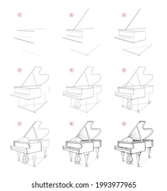 Page shows how to learn to draw sketch of grand piano. Creation step by step pencil drawing. Educational page for artists. Textbook for developing artistic skills. Online education.