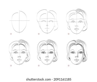 Page Shows How To Learn To Draw Sketch Of Woman Face. Creation Step By Step Pencil Drawing. Educational Page For Artists. Textbook For Developing Artistic Skills. Online Education. Vector Illustration