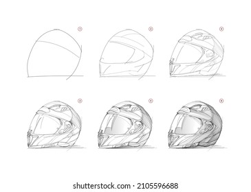 Page shows how to learn to draw sketch of motorcycle helmet. Creation step by step pencil drawing. Educational page for artists. Textbook for developing artistic skills. Online education. Vector image