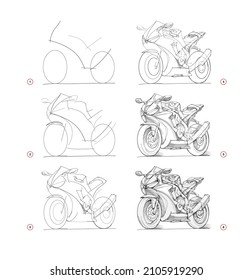 Page shows how to learn to draw sketch motorcycle  Creation step by step pencil drawing  Educational page for artists  Textbook for developing artistic skills  Online education  Vector image