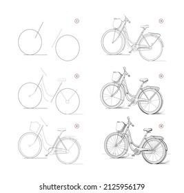 Page Shows How To Learn To Draw Sketch Of Woman Bike. Creation Step By Step Pencil Drawing. Educational Page For Artists. Textbook For Developing Artistic Skills. Online Education. Vector Image.