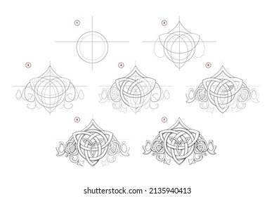 Page shows how to learn to draw sketch of Celtic knot sign. Creation step by step pencil drawing. Educational page for artists. Textbook for developing artistic skills. Online education. Vector image