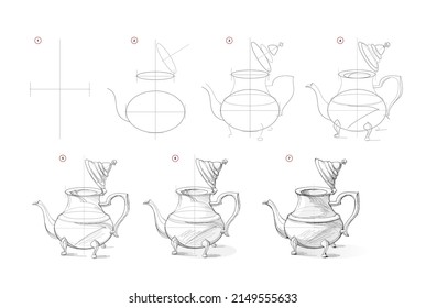 Page shows how to learn to draw sketch of antique Moroccan teapot. Creation step by step pencil drawing. Educational page for artists. Textbook for developing artistic skills. Online education.