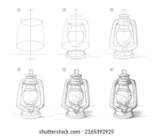 Page shows how to learn to draw sketch of old kerosene lamp. Creation step by step pencil drawing. Educational page for artists. Textbook for developing artistic skills. Online education.