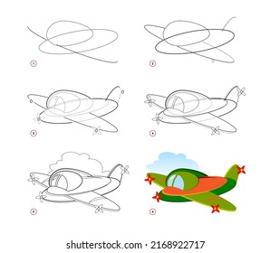 Page shows how to learn to draw step by step toy airplane. Developing children skills for drawing and coloring. Printable worksheet for kids school exercise book. Flat vector illustration.