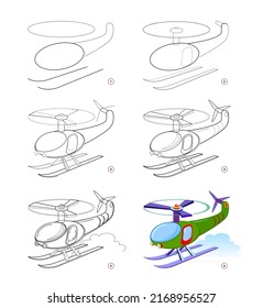 Page shows how to learn to draw step by step toy helicopter. Developing children skills for drawing and coloring. Printable worksheet for kids school exercise book. Flat vector illustration.