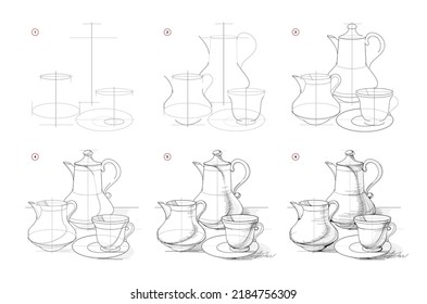 Seite zeigt, wie man lernt, Skizze von alten Kaffee-Set zu zeichnen. Erstellung Schritt für Schritt Bleistiftzeichnung. Bildungs-Seite für Künstler. Lehrbuch zur Entwicklung künstlerischer Fähigkeiten. Online-Bildung. Vektorbild.