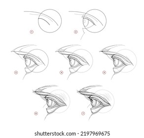 Page shows how to learn to draw sketch of human eye. Creation step by step pencil drawing. Educational page for artists. Textbook for developing artistic skills. Online education. Vector image.