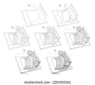 Page shows how to learn to draw sketch of Ionic column. Creation step by step pencil drawing. Educational page for artists. Textbook for developing artistic skills. Online education. Vector image.