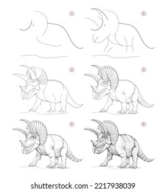 Page shows how to learn to draw sketch of triceratops. Creation step by step pencil drawing. Educational page for artists. Textbook for developing artistic skills. Online education. Vector image.