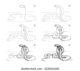 Page shows how to learn to draw sketch of cobra. Creation step by step pencil drawing of snake. Educational page for artists. Textbook for developing artistic skills. online education. vector image.