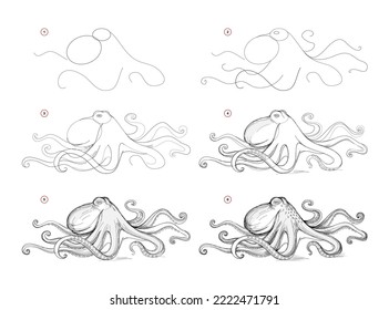 Page shows how to learn to draw sketch of octopus. Creation step by step pencil drawing. Educational page for artists. Textbook for developing artistic skills. online education. vector image.