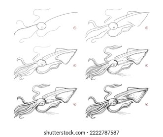 Page shows how to learn to draw sketch of squid. Creation step by step pencil drawing. Educational page for artists. Textbook for developing artistic skills. online education. vector image.