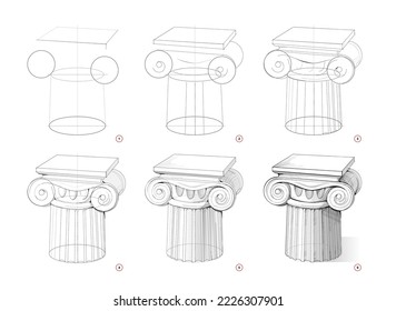 Die Seite zeigt, wie man die Skizze der antiken griechischen ionischen Säule zeichnen lernt. Erstellung Schritt für Schritt Bleistiftzeichnung. Bildungs-Seite für Künstler. Lehrbuch zur Entwicklung künstlerischer Fähigkeiten.