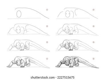 Page shows how to learn to draw sketch of giant monitor lizard. Creation step by step pencil drawing. Educational page for artists. Textbook for developing artistic skills. Vector illustration.