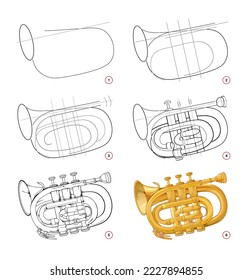 Page shows how to learn to draw step by step metal wind musical instrument pocket trumpet. Developing children skills for drawing and coloring. Printable worksheet for kids school exercise book.