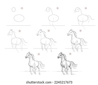 Page shows how to learn to draw sketch of running horse. Pencil drawing lessons. Educational page for artists. Textbook for developing artistic skills. Online education. Vector image.