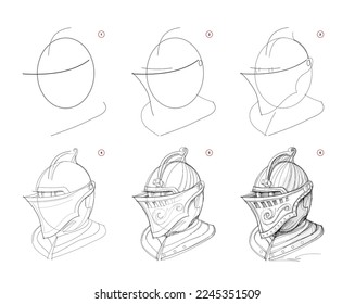 Page shows how to learn to draw sketch of ancient knight helmet. Pencil drawing lessons. Educational page for artists. Textbook for developing artistic skills. Online education. Vector image.