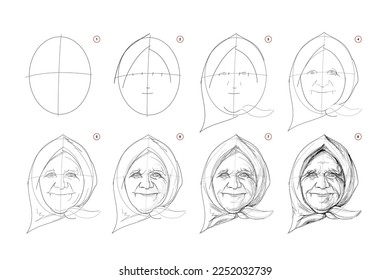 Page shows how to learn to draw sketch of old granny face. Pencil drawing lessons. Educational page for artists. Textbook for developing artistic skills. Online education. Vector image.