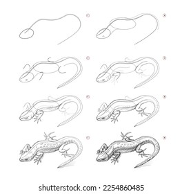 Die Seite zeigt, wie man lernt, Skizze von süßer Eidechsen zu zeichnen. Bleistiftzeichner. Bildungs-Seite für Künstler. Lehrbuch zur Entwicklung künstlerischer Fähigkeiten. Online-Bildung. Vektorbild.