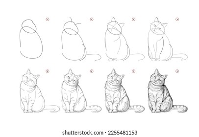 La página muestra cómo aprender a dibujar un boceto de un gato lindo. Lecciones de dibujo a lápiz. Página educativa para artistas. Libro de texto para desarrollar habilidades artísticas. Educación en línea. Ilustración vectorial.