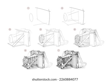 Page shows how to learn to draw sketch of old camera. Pencil drawing lessons. Educational page for artists. Textbook for developing artistic skills. Online education. Vector illustration.