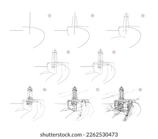Page shows how to learn to draw sketch of seascape with lighthouse. Pencil drawing lessons. Educational page for artists. Textbook for developing artistic skills. Online education. Vector illustration