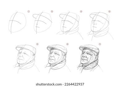 Page shows how to learn to draw sketch a portrait of old happy man. Pencil drawing lessons. Educational page for artists. Textbook for developing artistic skills. Online education. Vector illustration