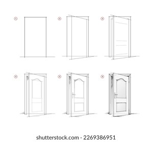 Page shows how to learn to draw sketch of half-open door. Pencil drawing lessons. Educational page for artists. Textbook for developing artistic skills. Online education. Vector illustration.