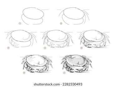 Page shows how to learn to draw sketch a brown crab. Pencil drawing lessons. Educational page for artists. Textbook for developing artistic skills. Online education. Vector illustration.