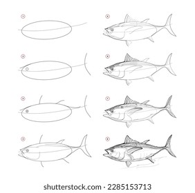 Page shows how to learn to draw sketch a game fish tuna. Pencil drawing lessons. Educational page for artists. Textbook for developing artistic skills. Online education. Vector illustration.
